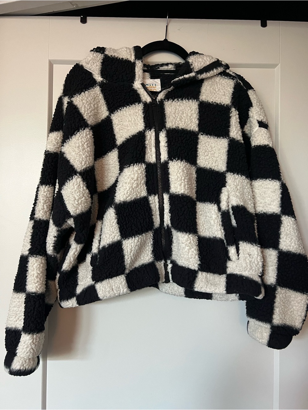 Juniors Checkered Sherpa Zip Hoodie Jacket